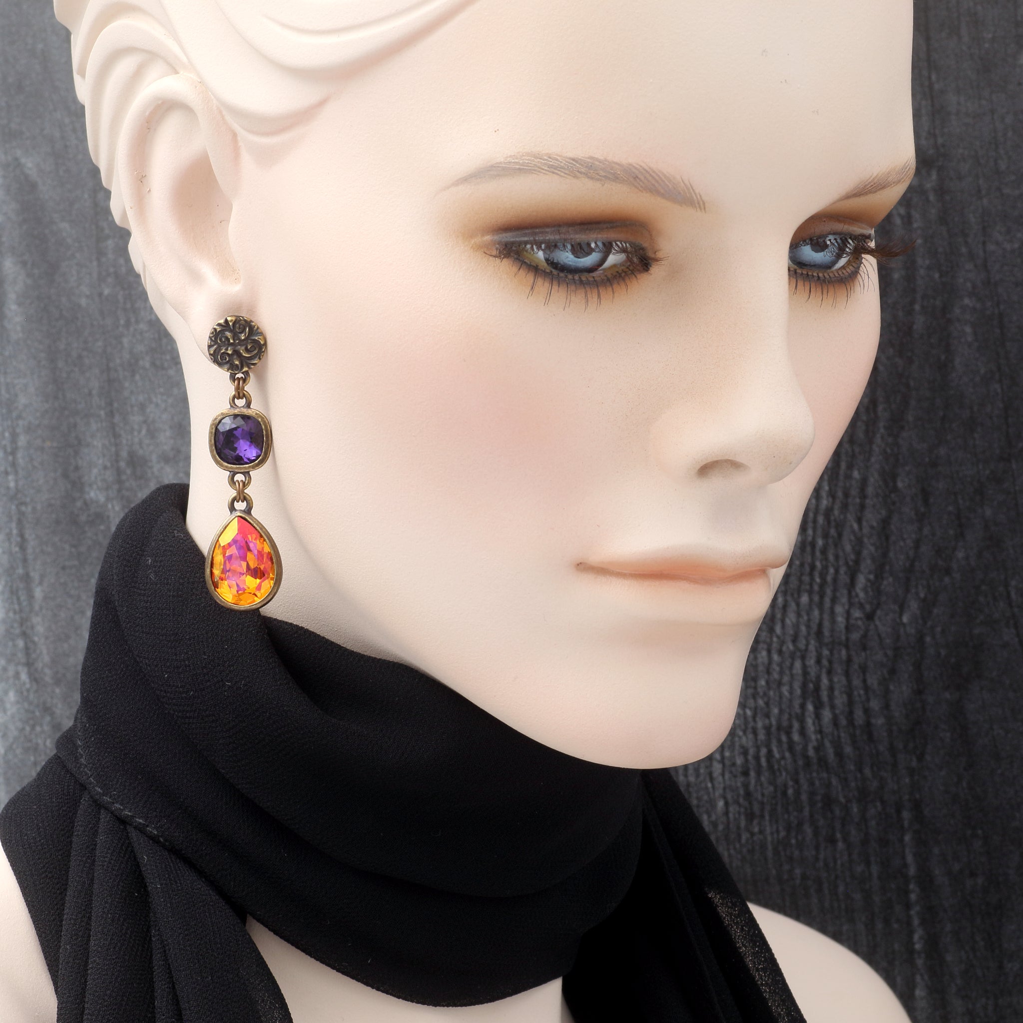 Purple and Yellow-Orange Crystal Earrings