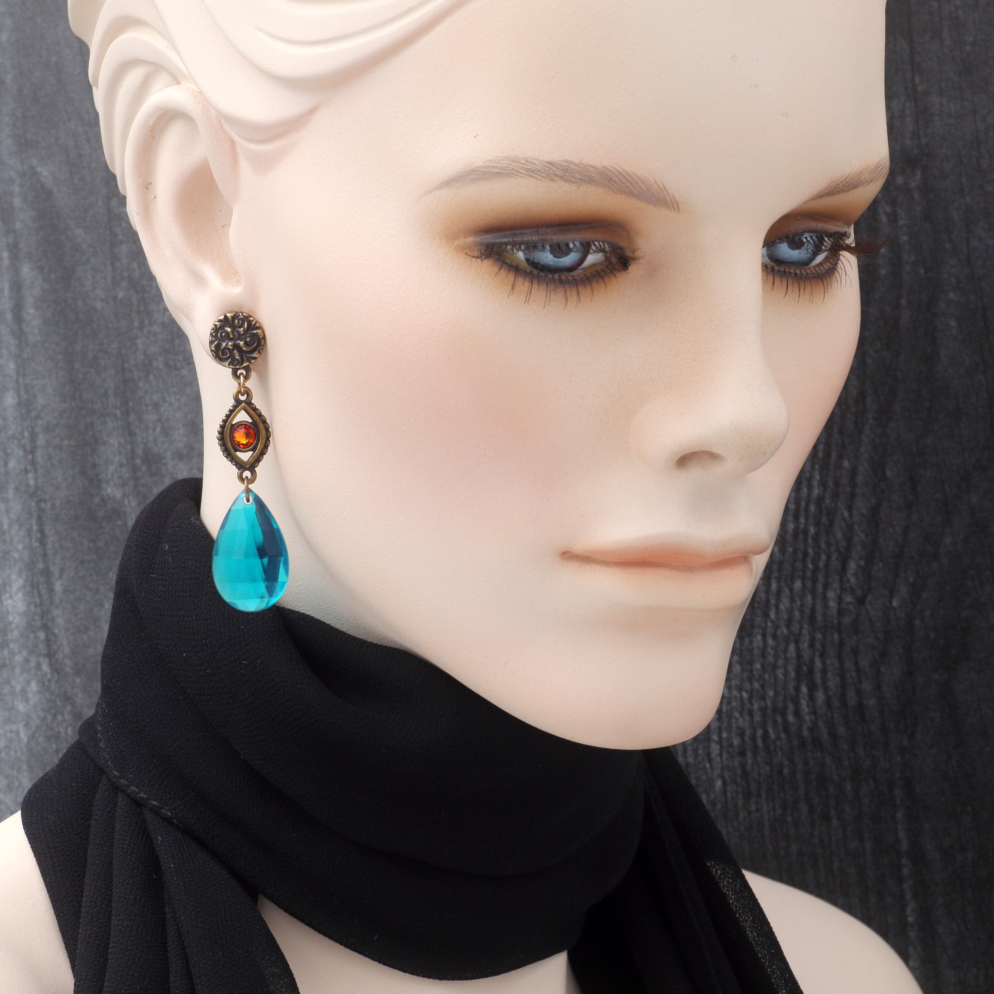 Teal Green and Orange Drop Earrings