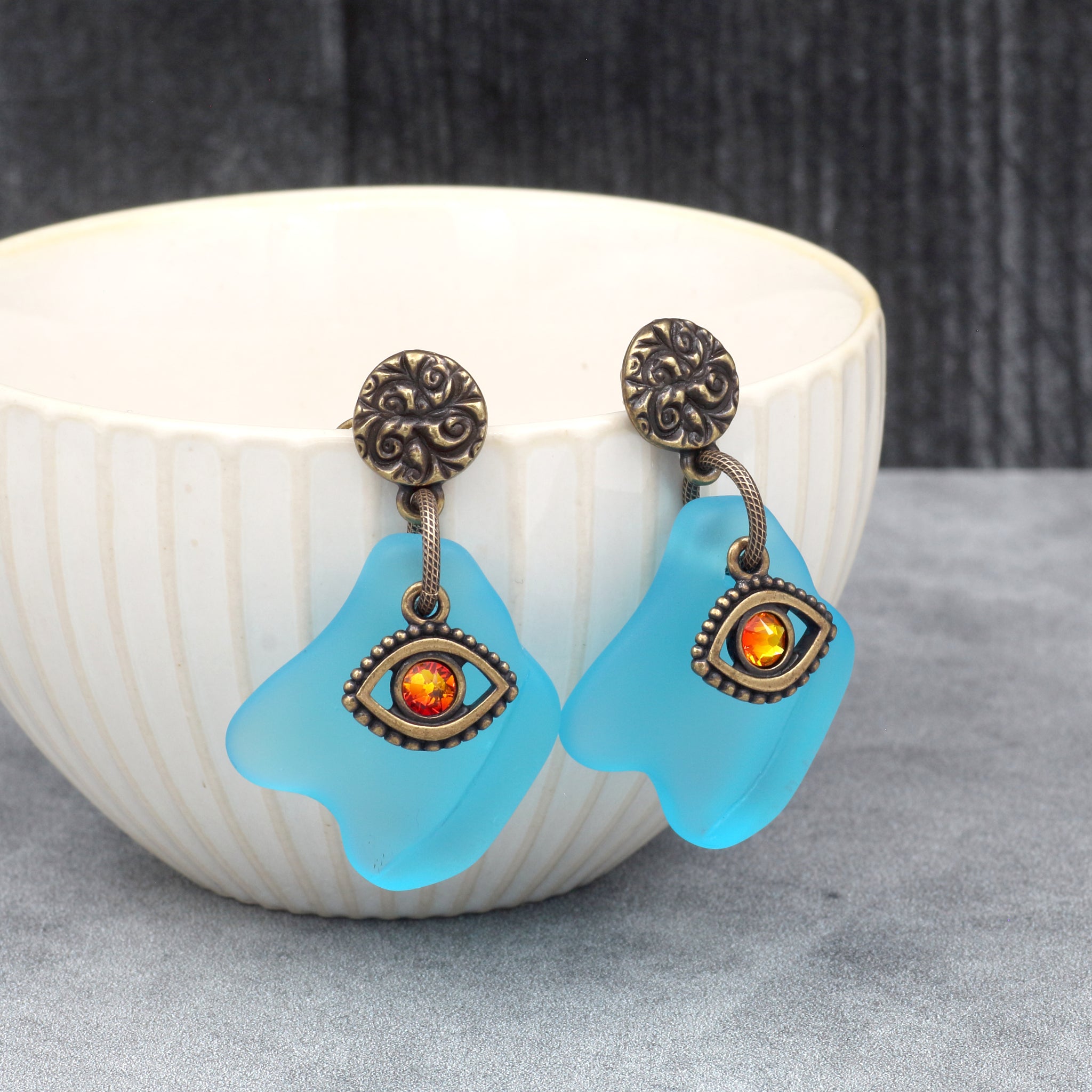 Turquoise Earrings with Orange Evil Eye Charm