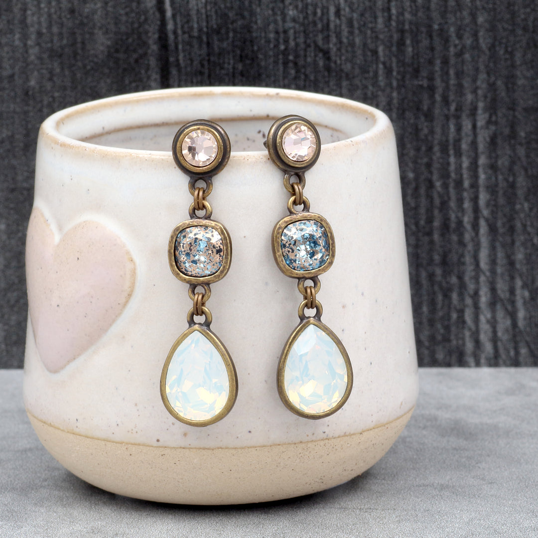 Beige, Aquamarine, and White Opal Crystal Earrings