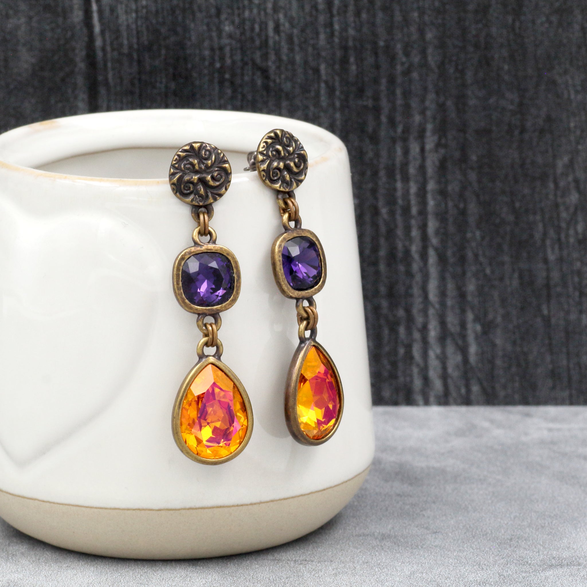 Purple and Yellow-Orange Crystal Earrings