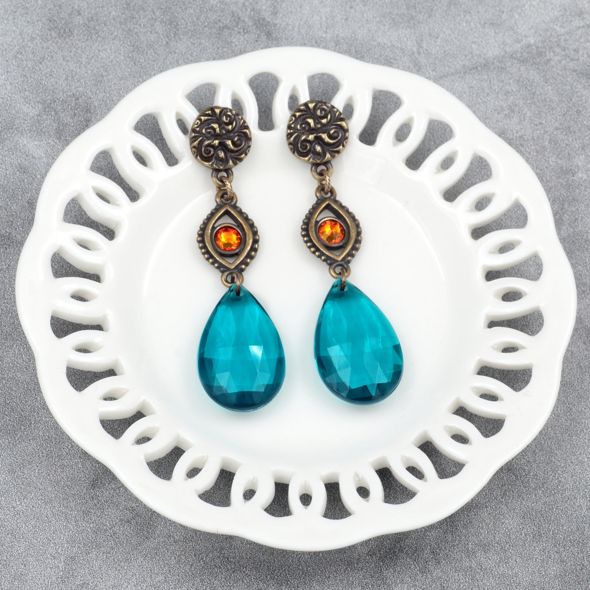 Teal Green and Orange Drop Earrings