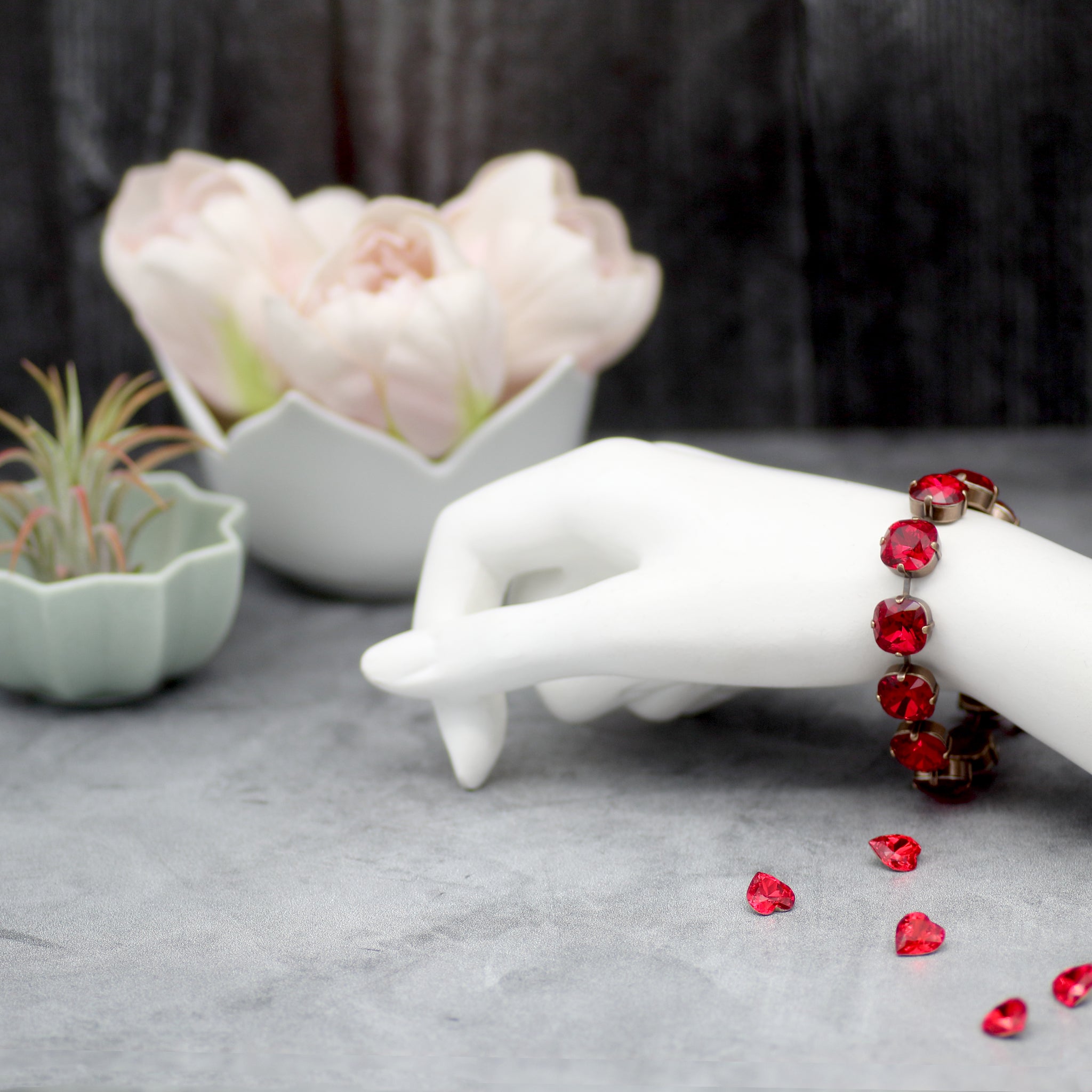 Deep Red Crystals with Murano Glass Heart in Antiqued Brass