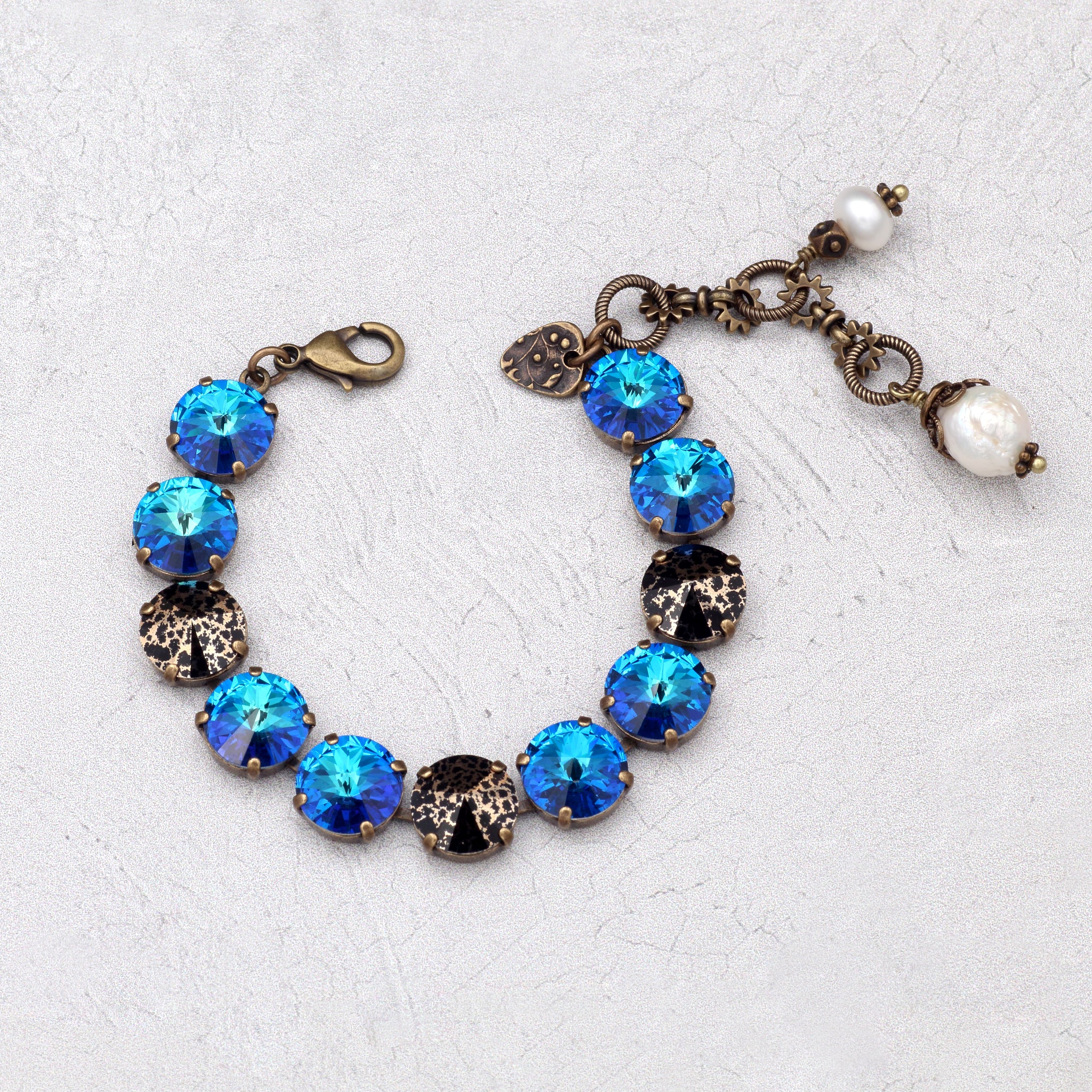 Bermuda blue crystal bracelet with large baroque pearl