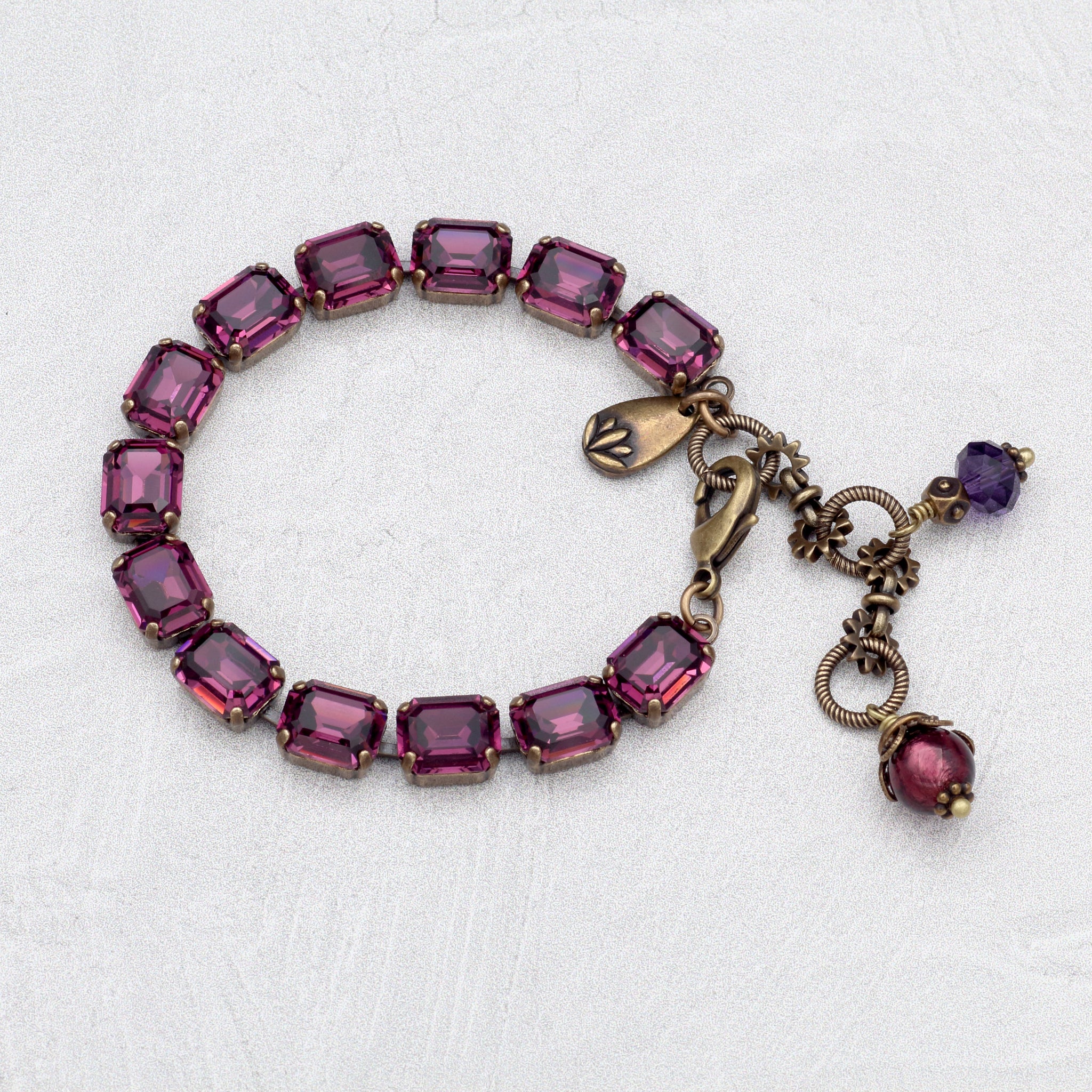 Amethyst Purple Crystal Bracelet with Antiqued Brass