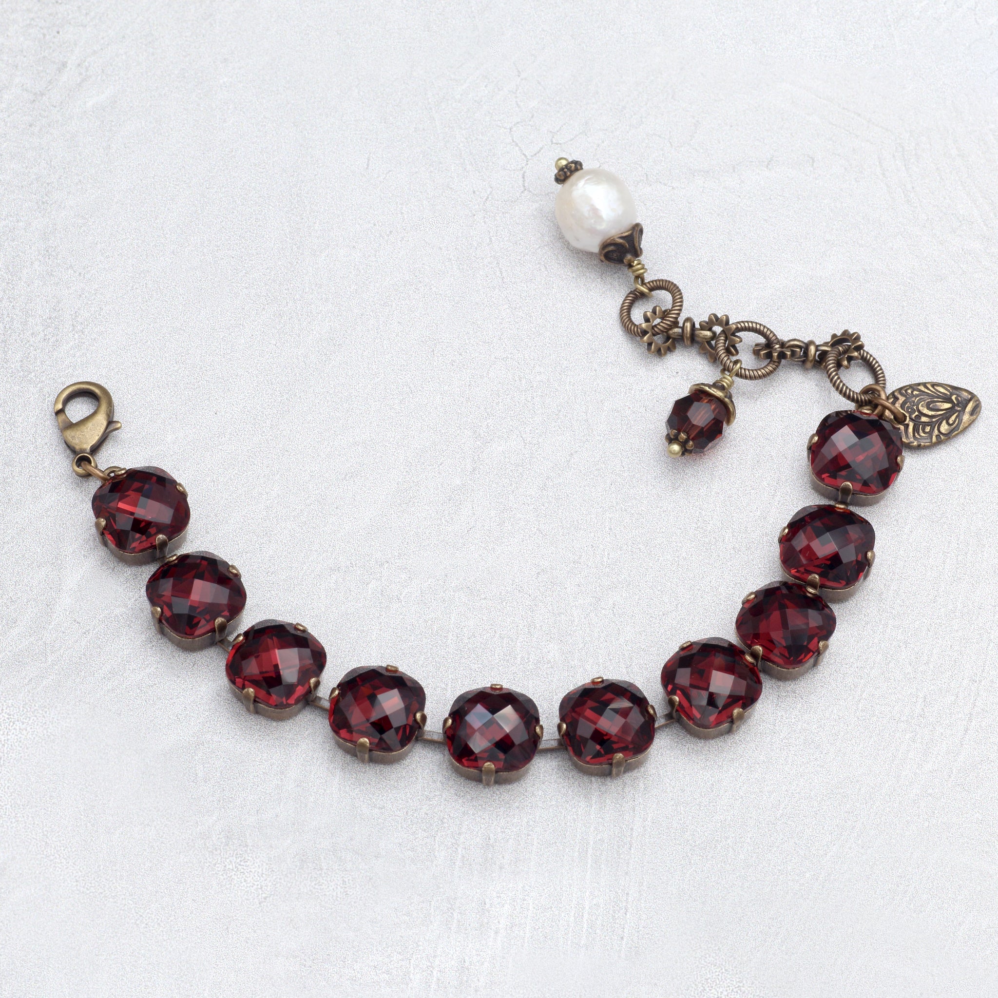 Burgundy Checkerboard Crystal Bracelet, Baroque Freshwater Pearl