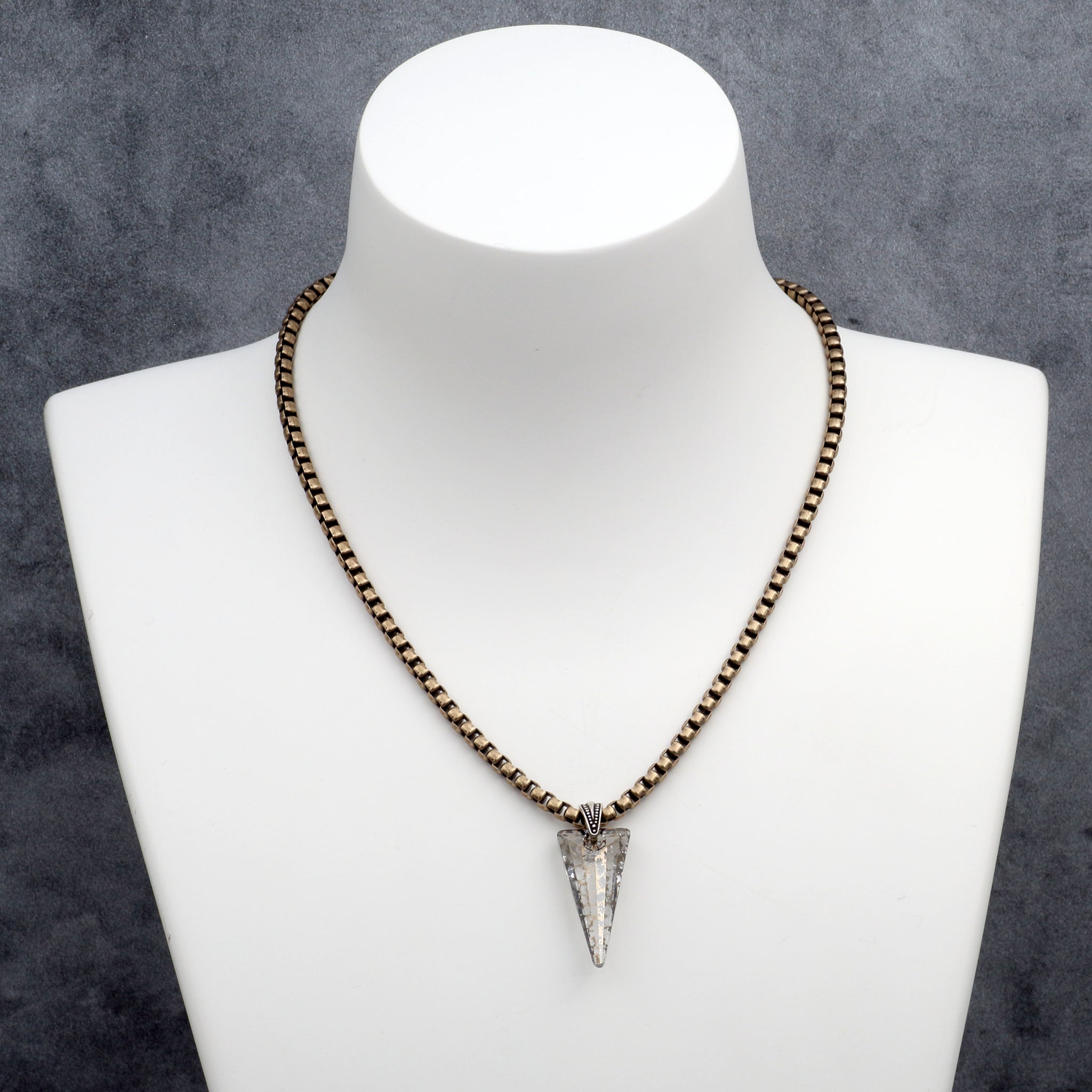 Gold Patina Crystal Spike Pendant Necklace, Antiqued Brass Chain