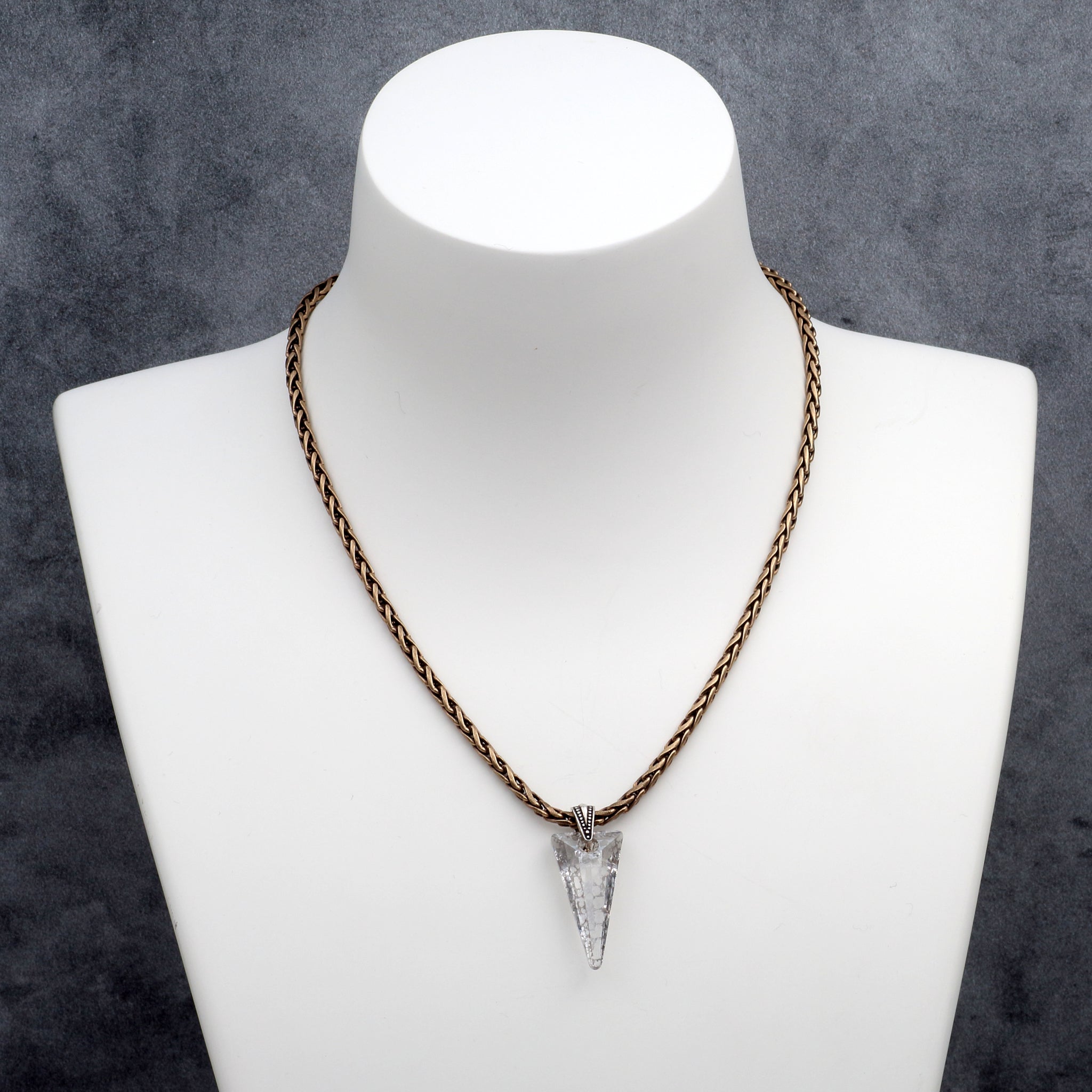 Silvery Crystal Spike Pendant Necklace, Antiqued Brass Chain