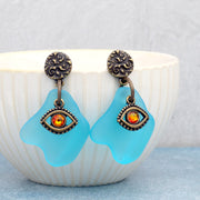 Turquoise Earrings with Orange Evil Eye Charm