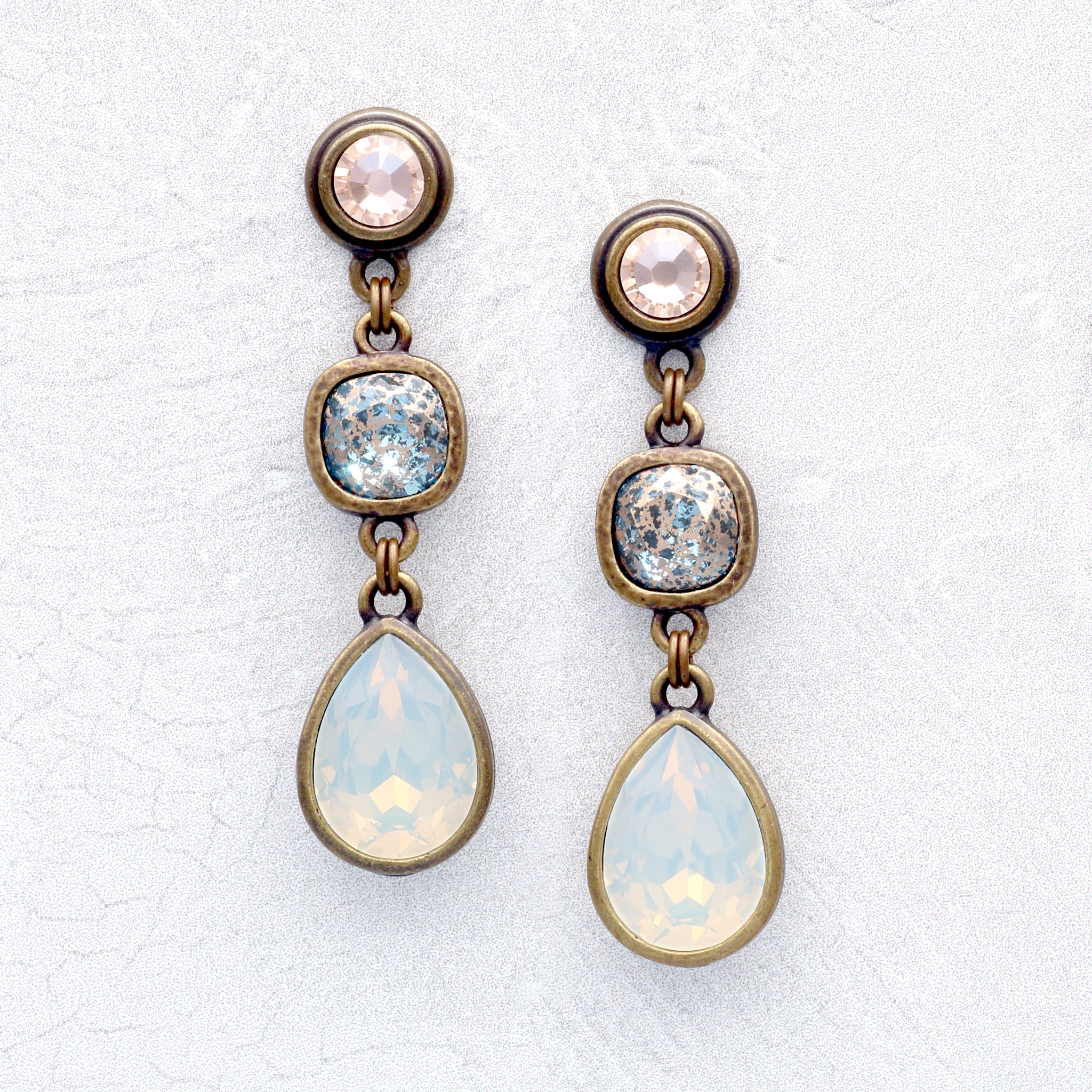 Beige, Aquamarine, and White Opal Crystal Earrings