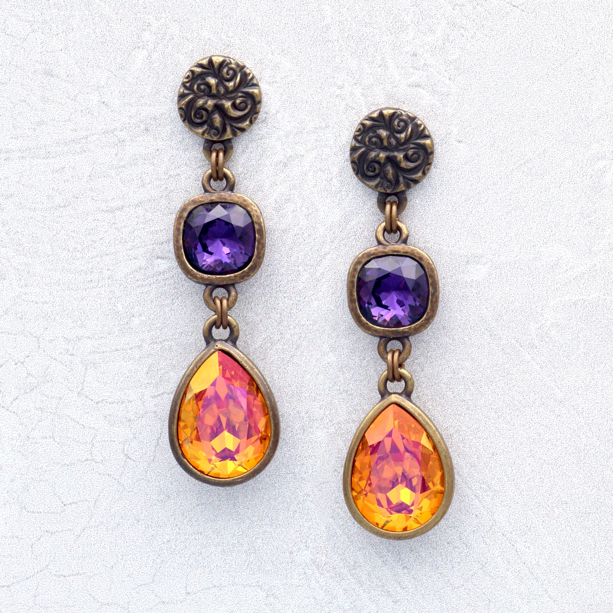 Purple and Yellow-Orange Crystal Earrings