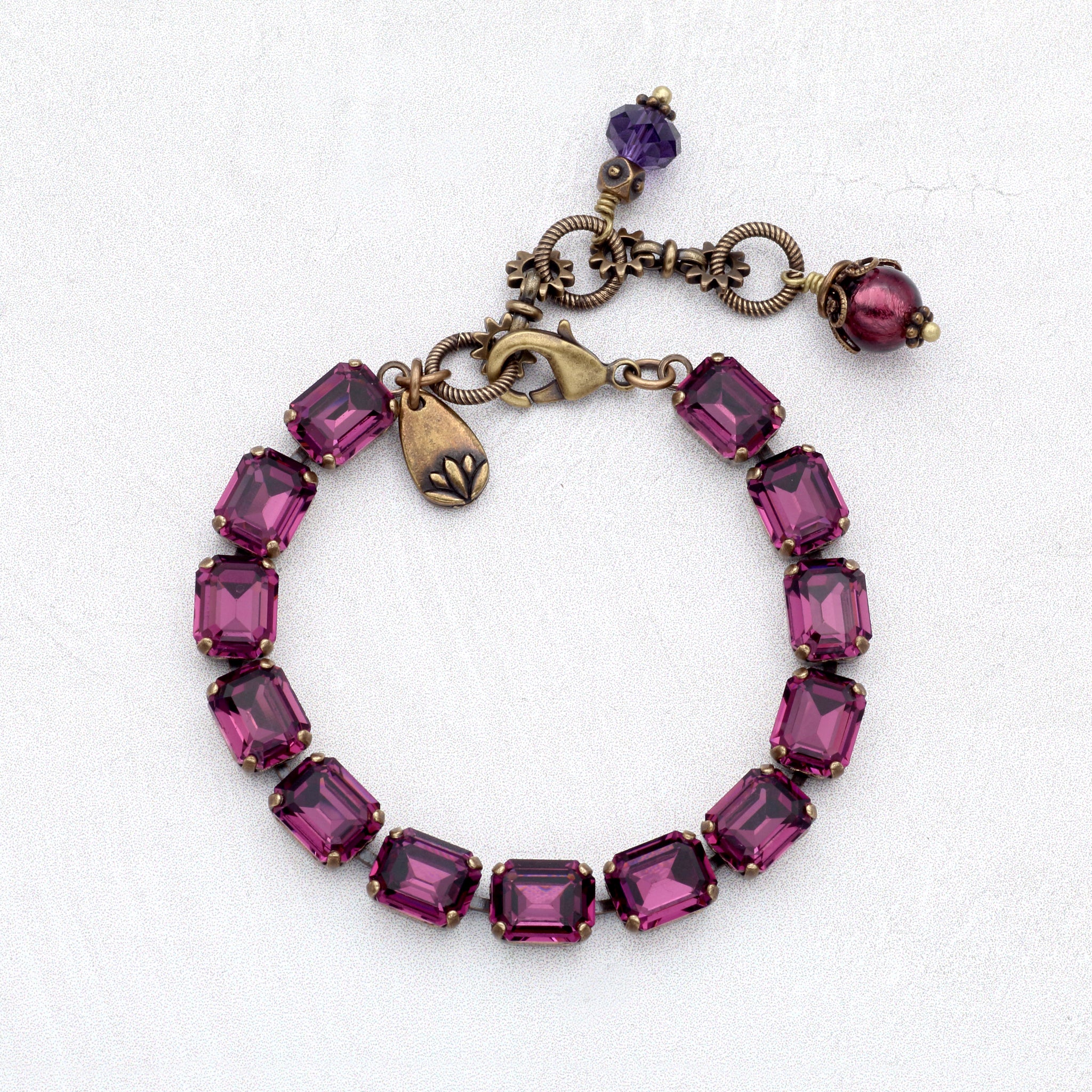 Amethyst Purple Crystal Bracelet with Antiqued Brass