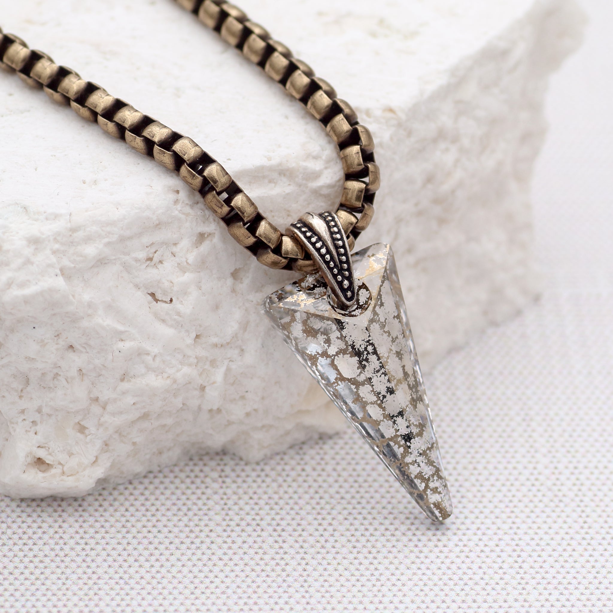 Gold Patina Crystal Spike Pendant Necklace, Antiqued Brass Chain