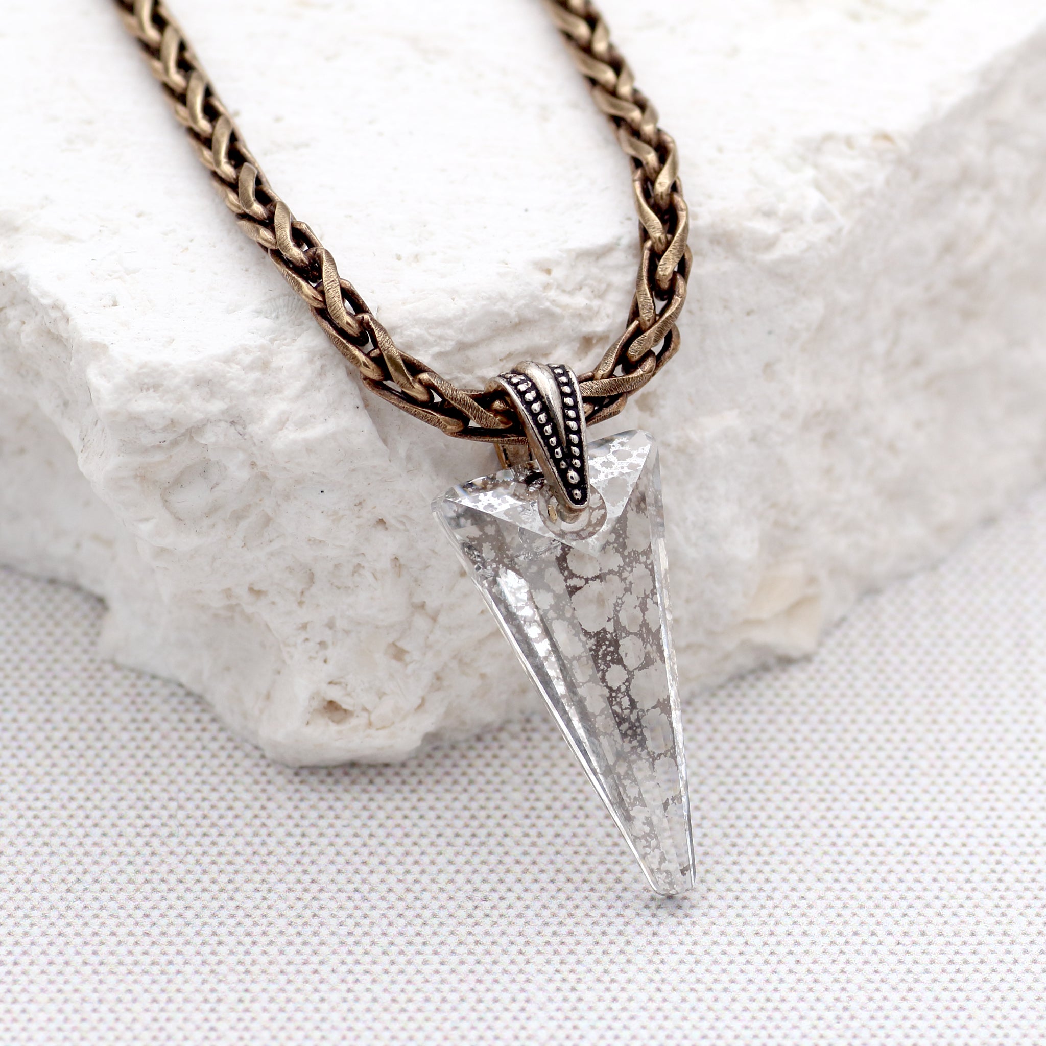 Silvery Crystal Spike Pendant Necklace, Antiqued Brass Chain