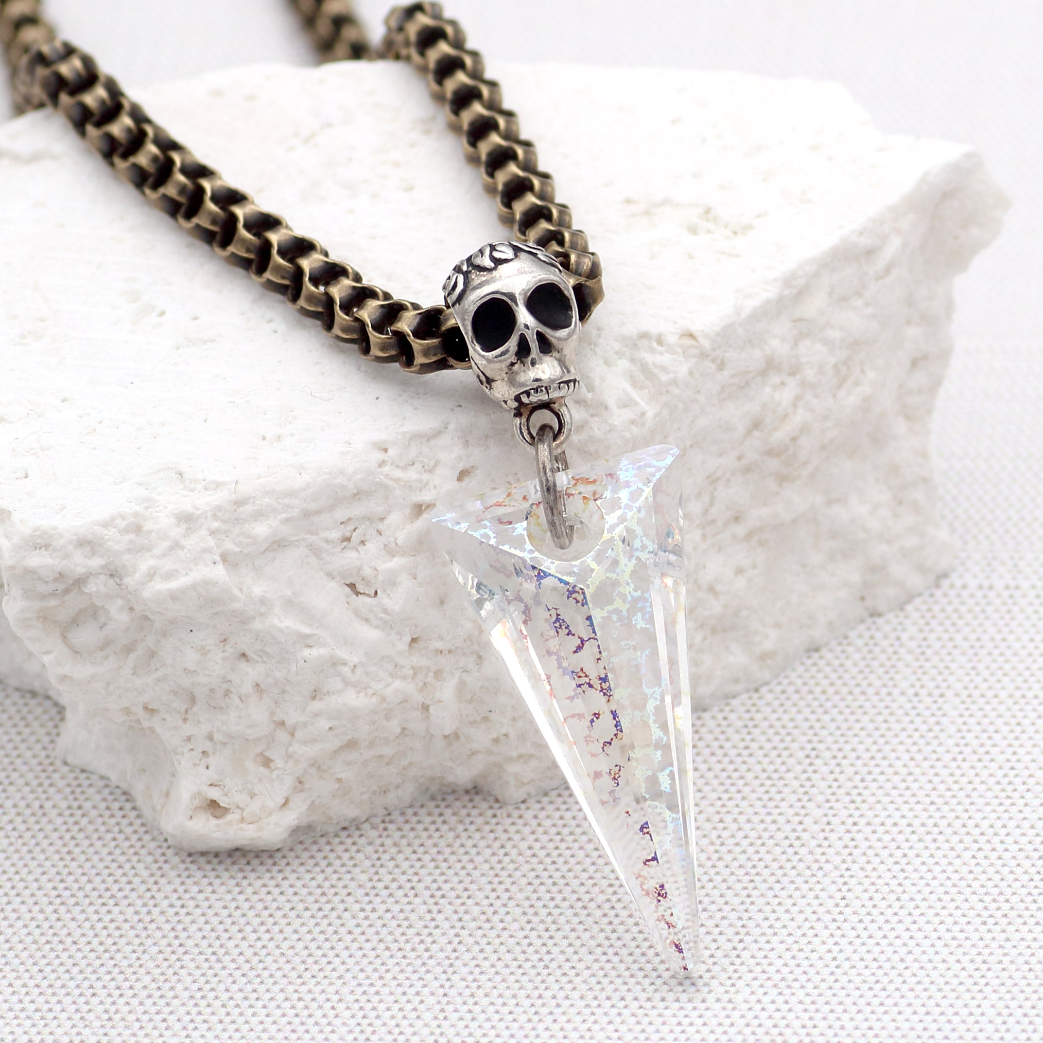 Iridescent Crystal Spike Necklace with Skull