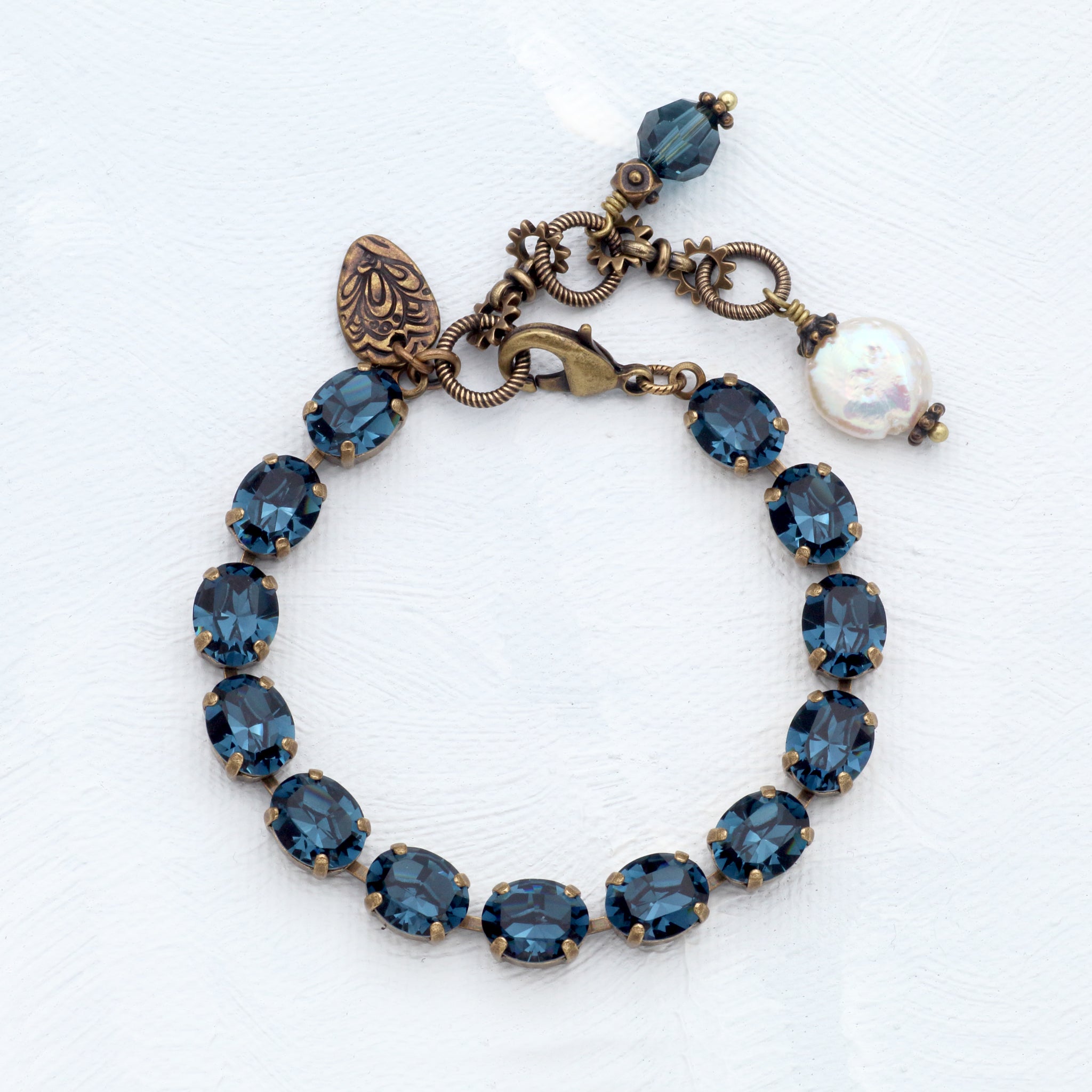 Montana Blue Crystal Bracelet, Baroque Freshwater Pearl Dangle