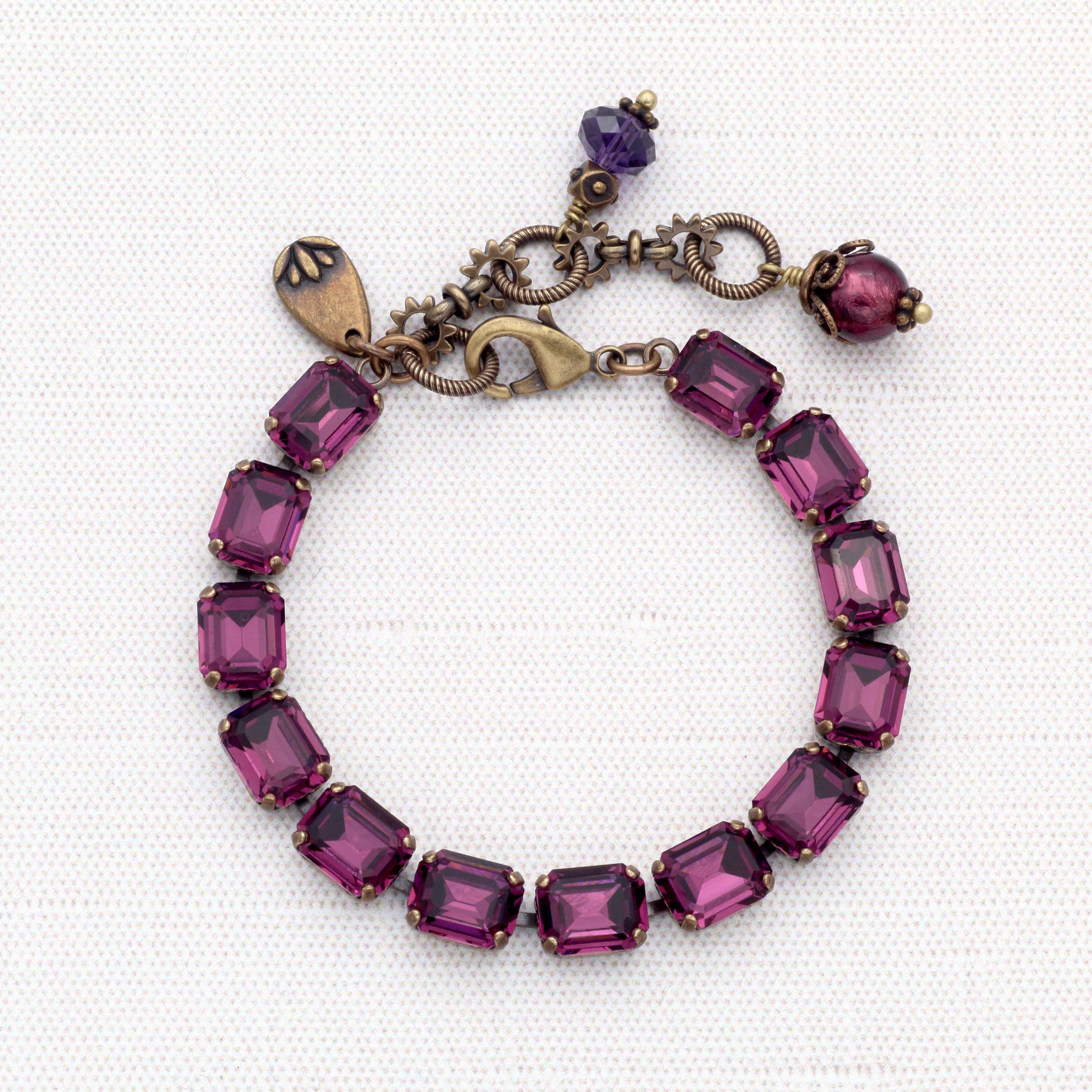 Amethyst Purple Crystal Bracelet with Antiqued Brass