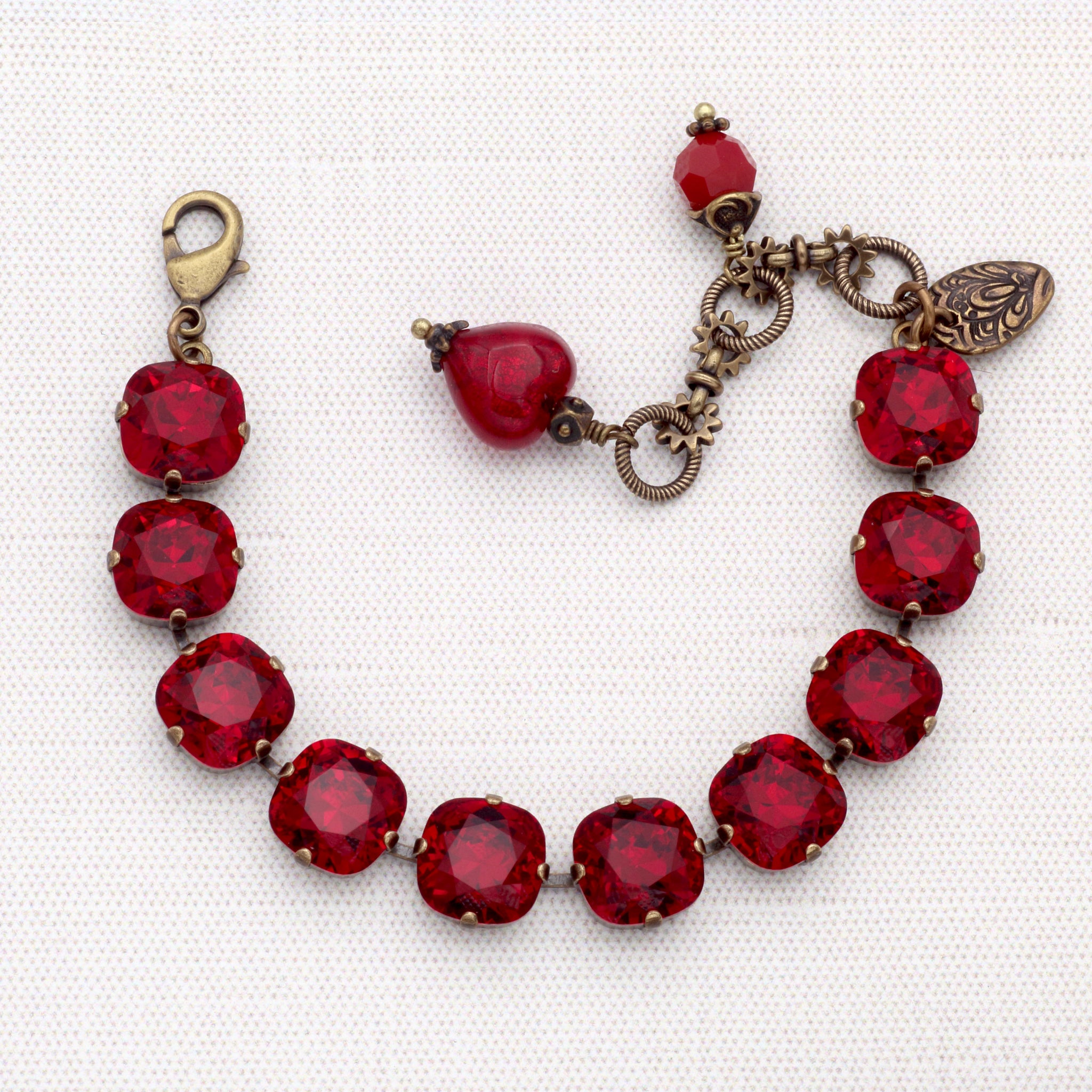 Deep Red Crystals with Murano Glass Heart in Antiqued Brass